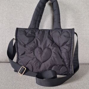 LD Puffy Quilted Black Heart-Patterned Tote Bag